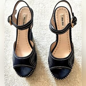 MIU MIU Navy Blue Wedge Sandals with Strap